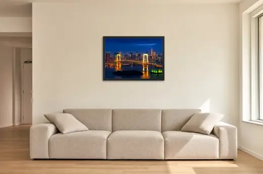 Pôster Rainbow Bridge com Tokyo Tower emoldurado na parede: sala de estar ampla