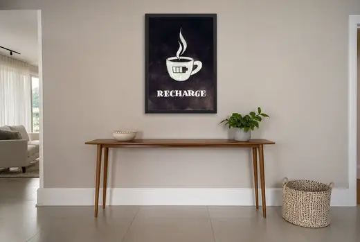 Pôster Xícara de café estilo bateria emoldurado na parede: hall de entrada