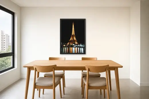 Pôster Torre Eiffel e o rio Sena emoldurado na parede: sala de jantar