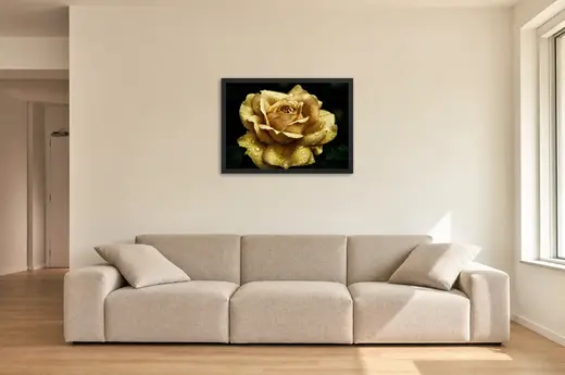 Pôster Rosa dourada em fundo preto emoldurado na parede: sala de estar ampla