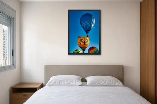 Pôster Balão em forma de coruja emoldurado na parede: quarto de casal