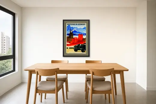 Pôster Motoring in Germany com castelo vermelho emoldurado na parede: sala de jantar