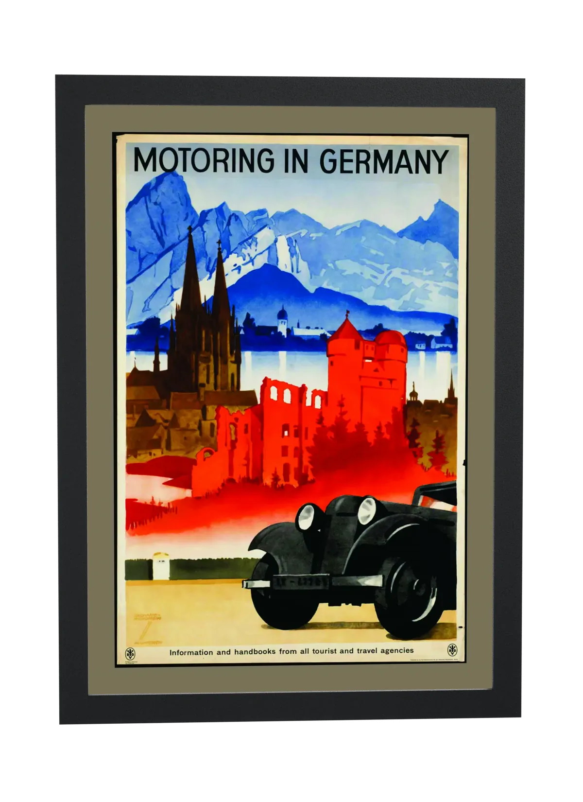 Pôster Motoring in Germany com castelo vermelho emoldurado