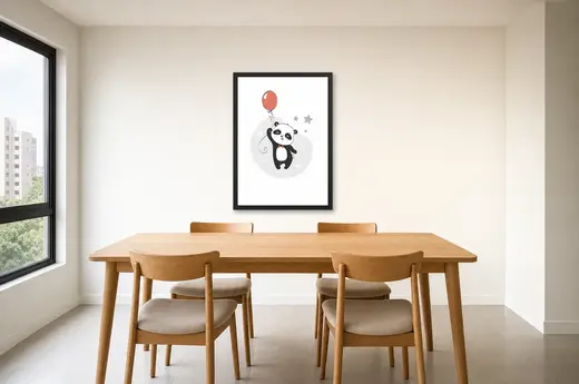 Pôster Panda fofo com balão vermelho emoldurado na parede: sala de jantar