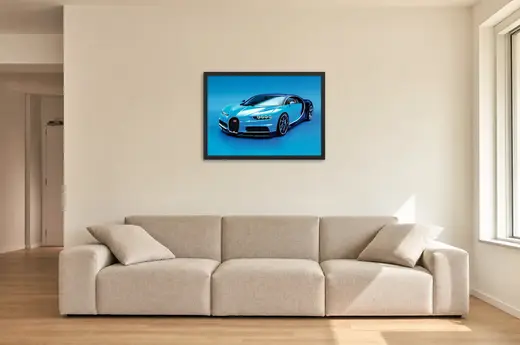 Pôster Bugatti Chiron azul em fundo azul emoldurado na parede: sala de estar ampla