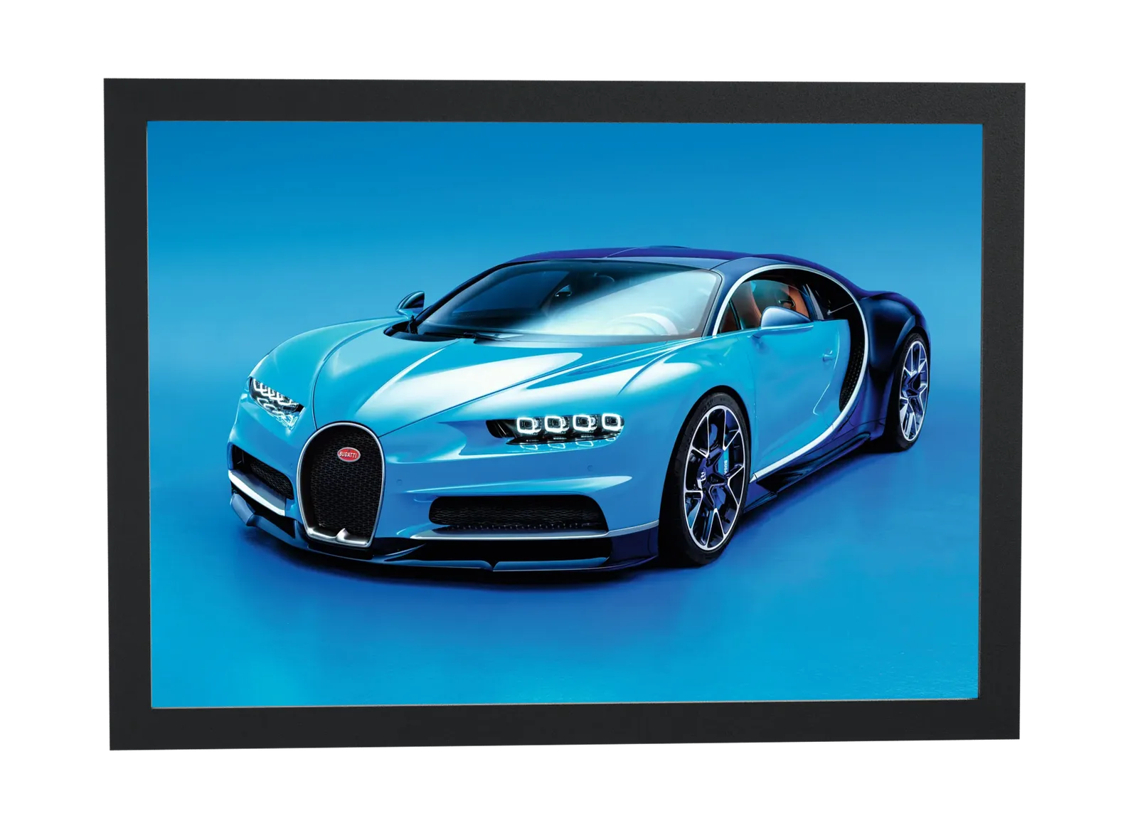 Pôster Bugatti Chiron azul em fundo azul emoldurado
