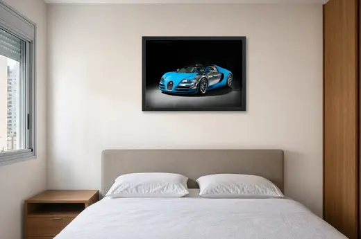 Pôster Bugatti Veyron azul e cromado emoldurado na parede: quarto de casal