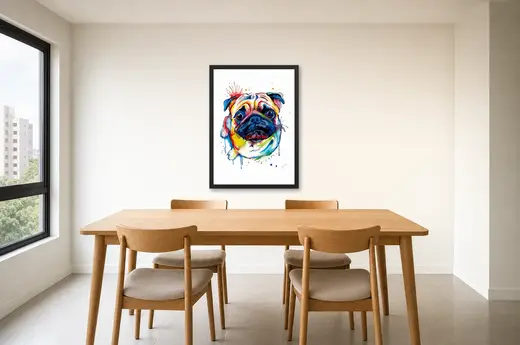Pôster Pug de olhos grandes em aquarela emoldurado na parede: sala de jantar