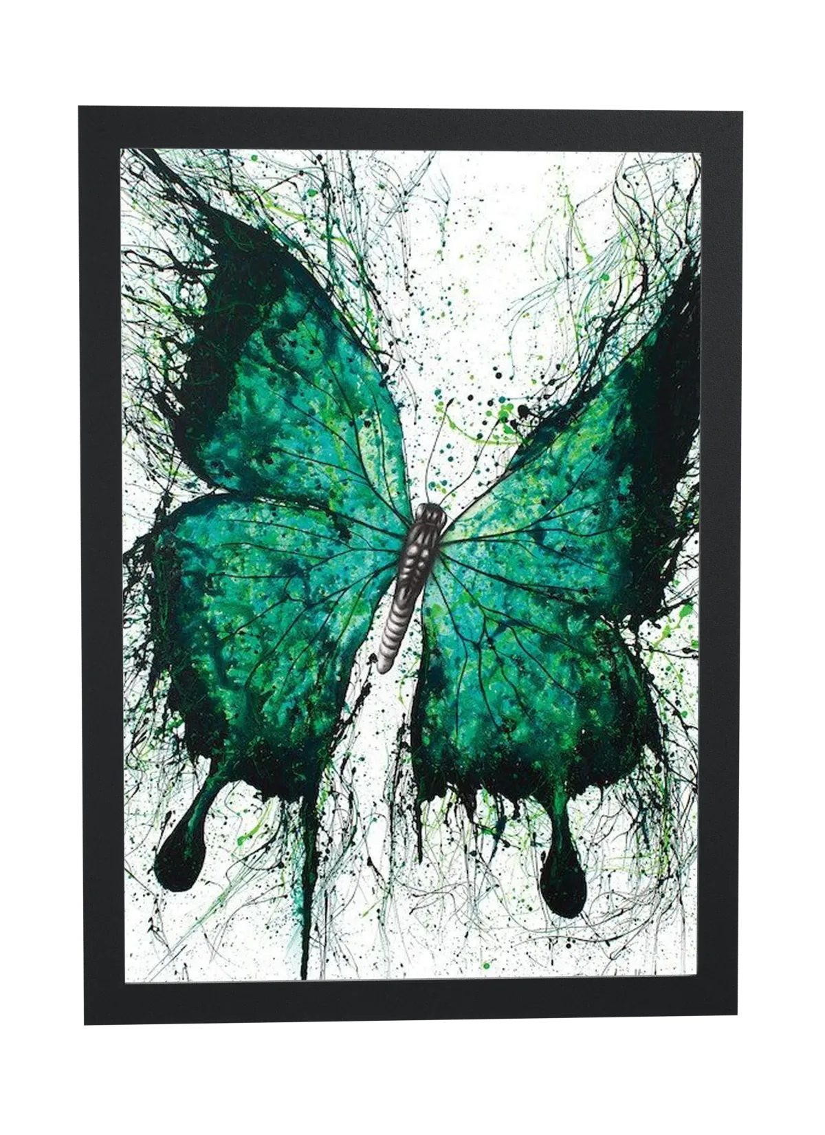 Pôster Borboleta verde com respingos de tinta emoldurado