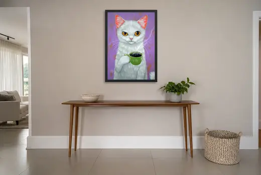 Pôster Gato branco com xícara de café emoldurado na parede: hall de entrada