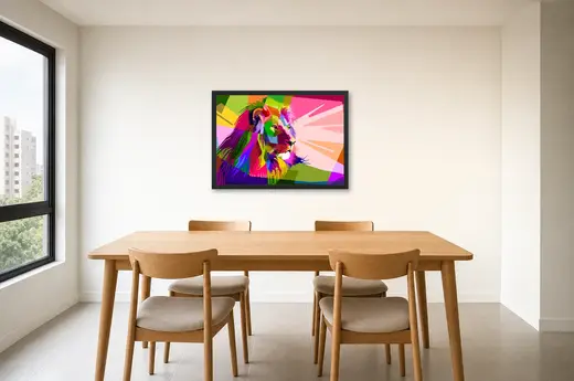 Pôster Leão de perfil em blocos coloridos emoldurado na parede: sala de jantar