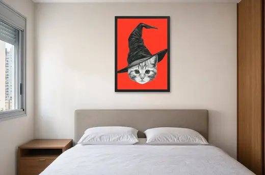 Pôster Gatinho de chapéu de bruxa emoldurado na parede: quarto de casal