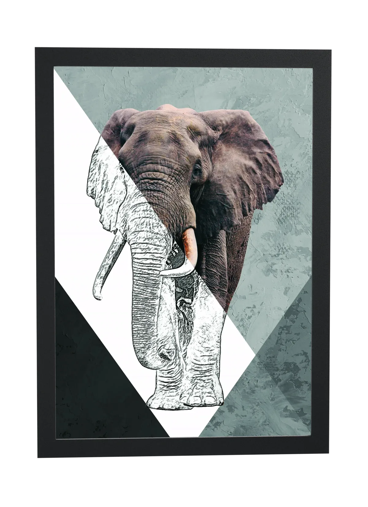 Pôster Elefante em triângulos cinza e preto emoldurado