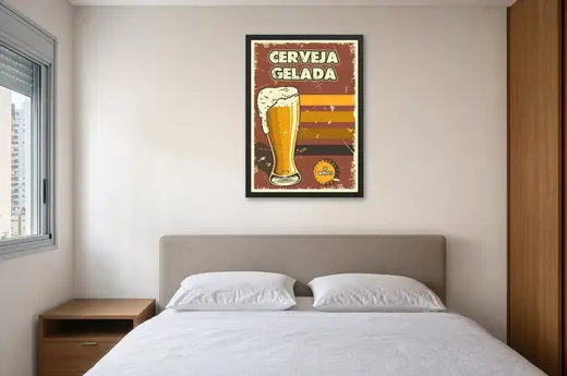Pôster Cerveja gelada com copo e tampinha emoldurado na parede: quarto de casal