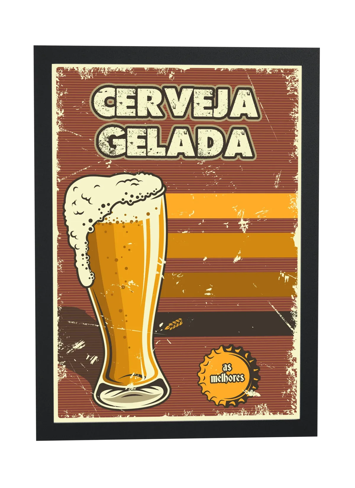 Pôster Cerveja gelada com copo e tampinha emoldurado