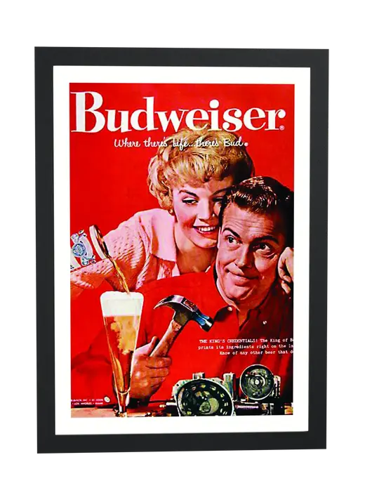 Pôster Anúncio antigo de Budweiser com casal emoldurado