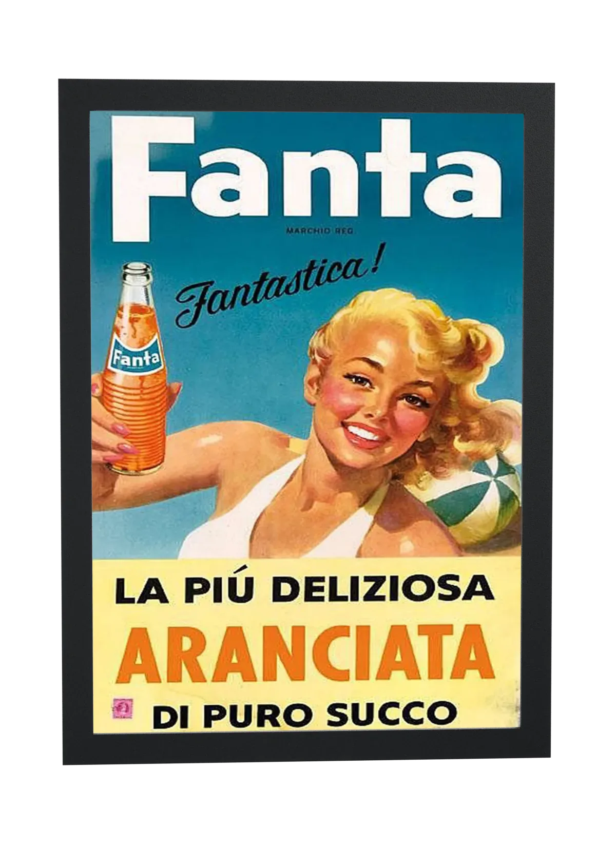 Pôster Pin-up com garrafa de Fanta emoldurado