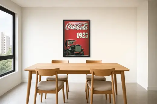 Pôster Coca-Cola 1923 com caminhão antigo emoldurado na parede: sala de jantar