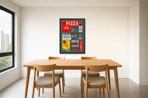 Pôster Cardápio ilustrado de pizzaria emoldurado na parede: sala de jantar