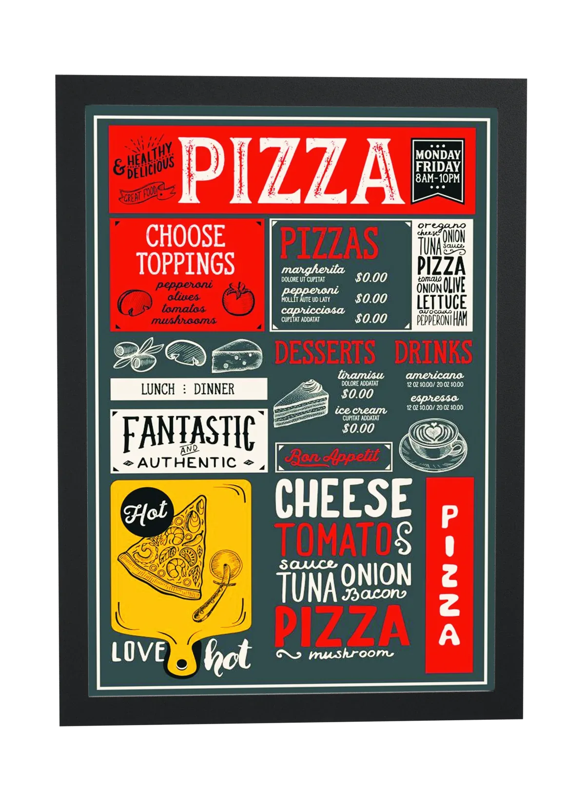 Pôster Cardápio ilustrado de pizzaria emoldurado