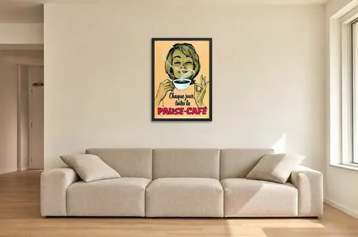 Pôster Chaque jour faites la Pause-Café emoldurado na parede: sala de estar ampla