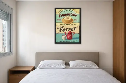 Pôster Classic Cappuccino com bule vermelho emoldurado na parede: quarto de casal