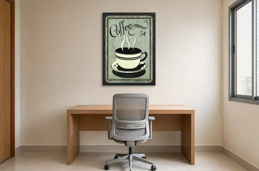 Pôster Coffee 5¢ com xícara listrada emoldurado na parede: home office