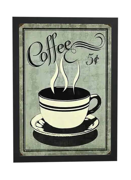 Pôster Coffee 5¢ com xícara listrada emoldurado
