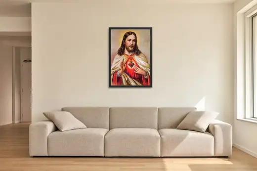 Pôster Sagrado Coração de Jesus emoldurado na parede: sala de estar ampla