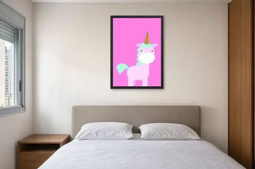 Pôster Unicórnio fofo em fundo rosa emoldurado na parede: quarto de casal