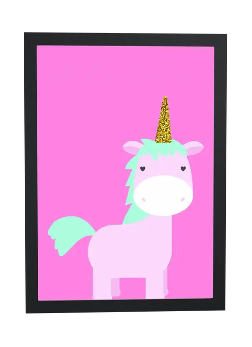 Pôster Unicórnio fofo em fundo rosa emoldurado