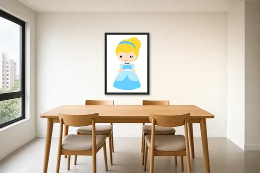 Pôster Cinderela fofa de vestido azul-claro emoldurado na parede: sala de jantar