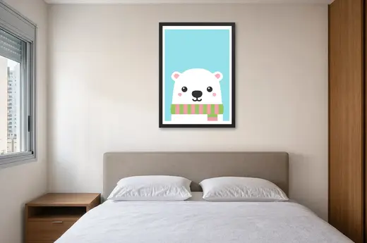 Pôster Urso-polar de cachecol listrado emoldurado na parede: quarto de casal