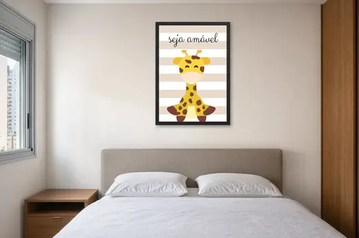 Pôster Seja amável com girafa sorridente emoldurado na parede: quarto de casal