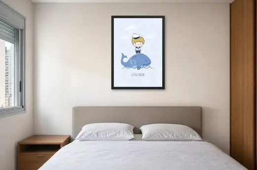 Pôster Little Sailor com marinheiro na baleia emoldurado na parede: quarto de casal