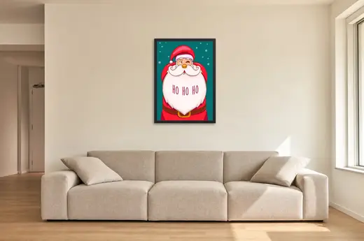 Pôster Papai Noel piscando com barba enorme emoldurado na parede: sala de estar ampla