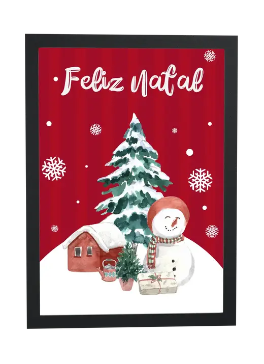 Pôster Pinheiro nevado e boneco de neve emoldurado