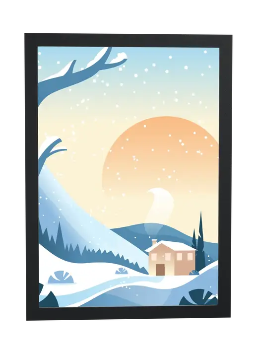 Pôster Casinha na neve com sol laranja emoldurado