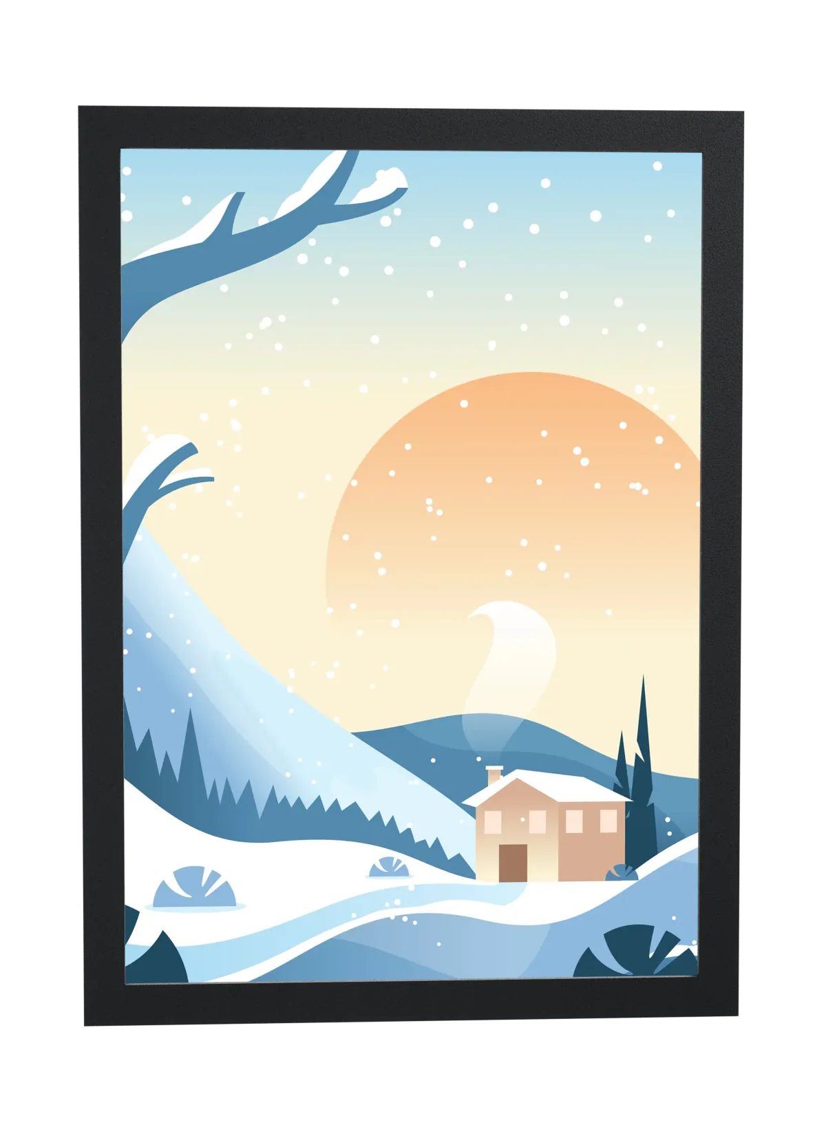 Pôster Casinha na neve com sol laranja emoldurado