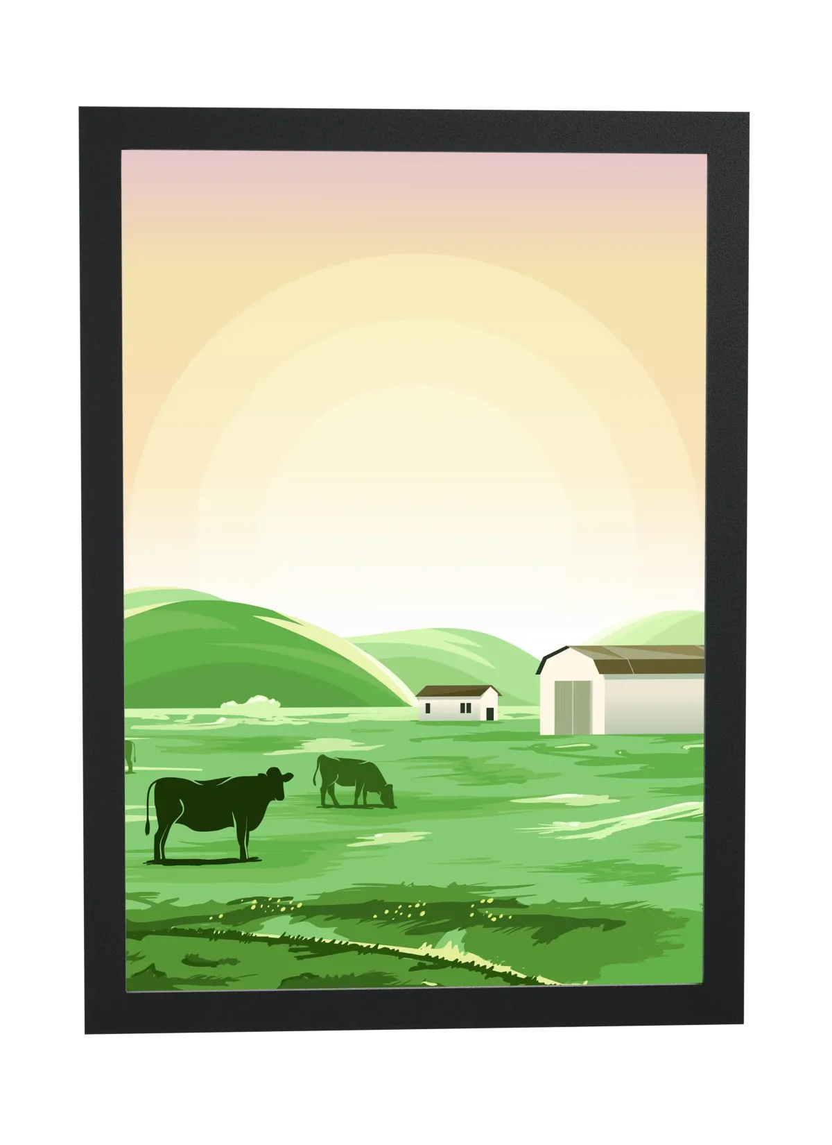Pôster Vacas pastando em campo verde emoldurado