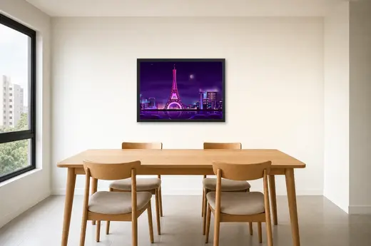 Pôster Torre Eiffel neon rosa e roxo emoldurado na parede: sala de jantar