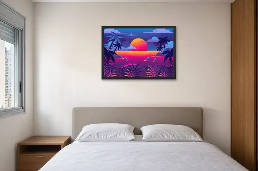 Pôster Sol laranja sobre o mar magenta emoldurado na parede: quarto de casal