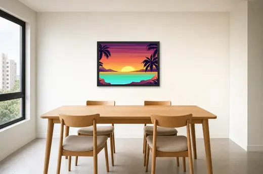 Pôster Sol amarelo sobre o mar turquesa emoldurado na parede: sala de jantar