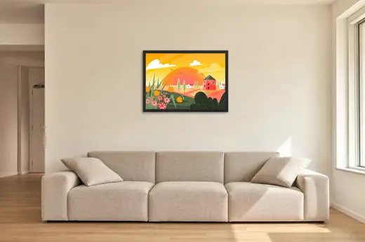 Pôster Moinho e flores sob sol laranja emoldurado na parede: sala de estar ampla