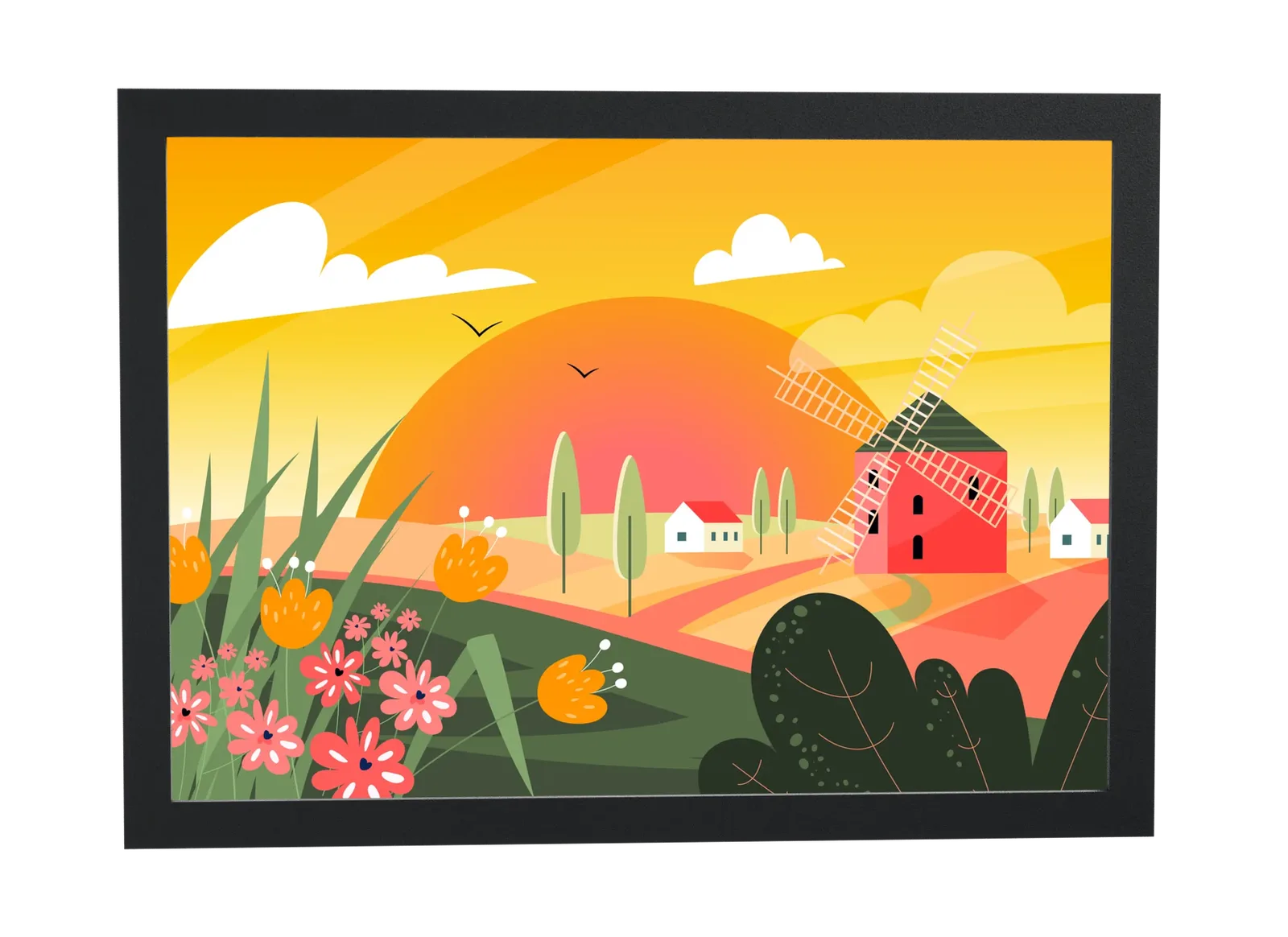 Pôster Moinho e flores sob sol laranja emoldurado