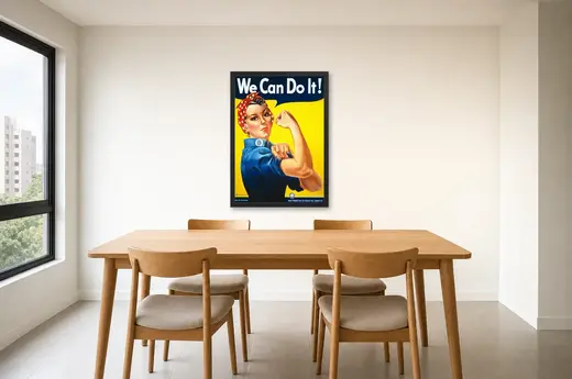 Pôster We Can Do It emoldurado na parede: sala de jantar