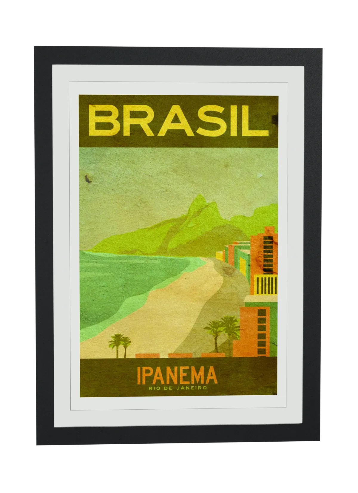 Pôster Ipanema retrô em verde e amarelo emoldurado