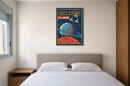 Pôster Welcome to space com planeta de anéis emoldurado na parede: quarto de casal