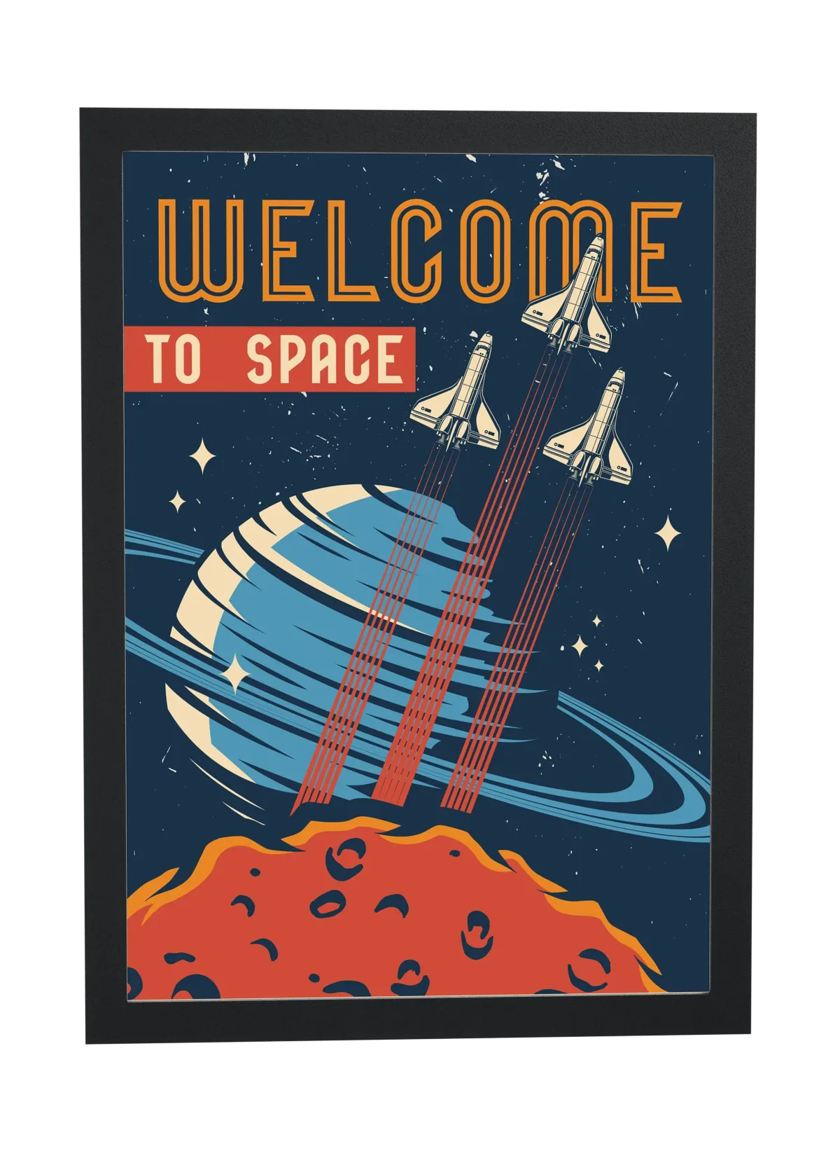 Pôster Welcome to space com planeta de anéis emoldurado