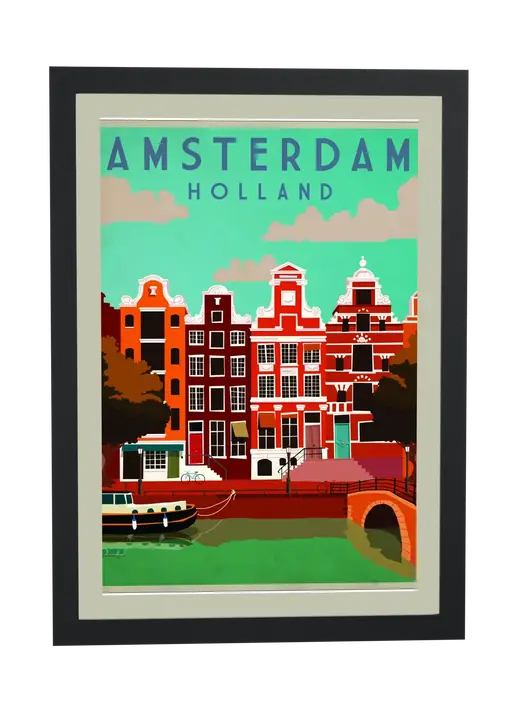 Pôster Casas de canal em Amsterdam emoldurado